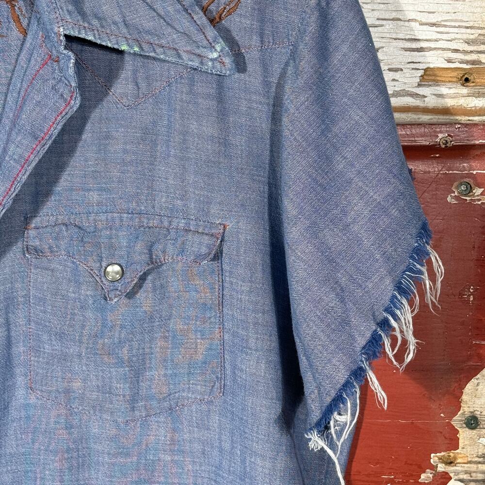 Rare Vintage 70s Western Embroidered Pearl Snap Distressed Shirt - Picture 6 of 10
